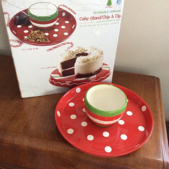Red Peppermint Swirl Footed Cake Stand Plate Pedestal Chip & Dip Bowl - Picture 1 of 6